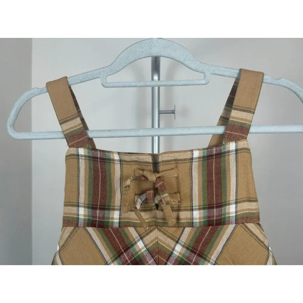 Vintage 50's 60s Brown Plaid Handmade Hand Stitched Girls Jumper Dress Size S